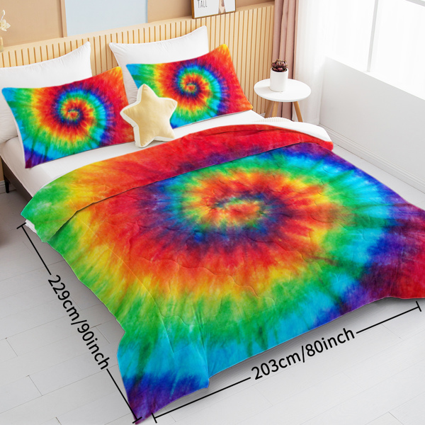 Tie Dye Comforter Set Full Size Rainbow Bedding for Girls 3 Piece Boho Colorful Fluffy Quilt Set for Teen Kids 3pc Tie Dye Bedspreads (Orange Blue Green) （Maybe Shipment from FBA）