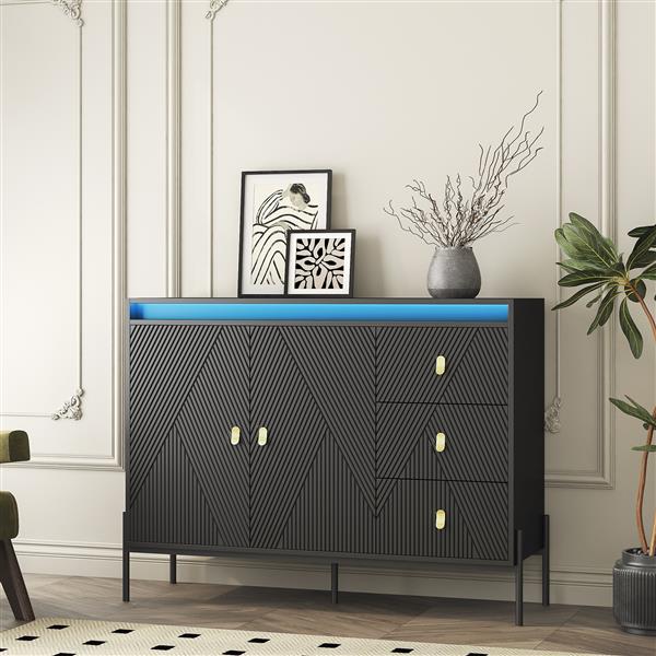 Buffets & Sideboards, Fluted Sideboard Cabinet, 2 Door 3 Drawer Design, with Led Lights,Black Sideboard - Elegant Cabinet Ideal for Dining Room and Kitchen Storage,Black