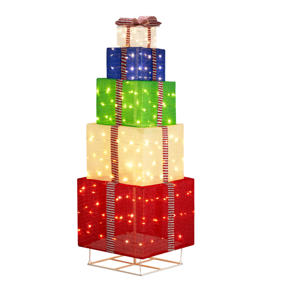 6FT Lighted Gift Box Tower, Pre-lit Pull Up Present Boxes with 200 LED Warm White Lights and Ropes Stakes for Christmas Outdoor Indoor Decorations Lighted Holiday Displays, Multicolor