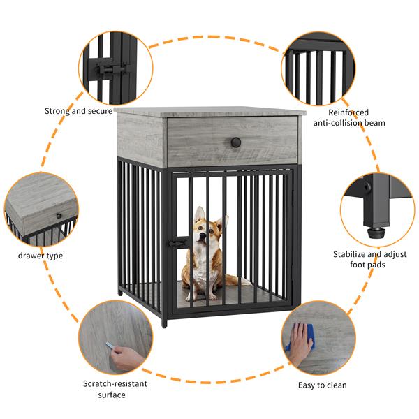 Dog Crate Furniture, Dog House, Decorative Dog Kennel with Drawer, Indoor Pet Crate End Table for Small Dog, Iron-Tube Dog Cage, Chew-Proof