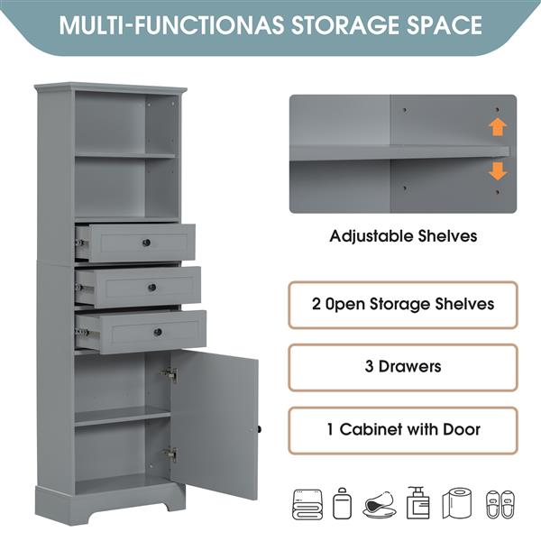 Gray Tall Storage Cabinet with 3 Drawers and Adjustable Shelves for Bathroom, Study, Office and Interior, MDF Board with Painted Finish