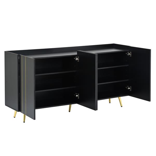 Luxurious Shoe Cabinet with 5 Metal Legs, Modern TV Stand with 4 Adjustable Shelves for TVs Up to 70", Minimalist Sideboard Cabinet with Gold Lines Doors for Living Room,62.9"x 31.4",Black