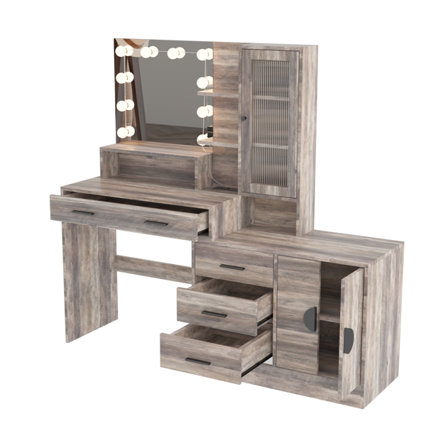 Large Makeup Vanity with Lights, Vanity Table with Charging Station, Vanity Desk with Mirror and 10 LED Light Bulbs, Makeup Table with Drawers and Storage Shelves and Cabinets, Gray