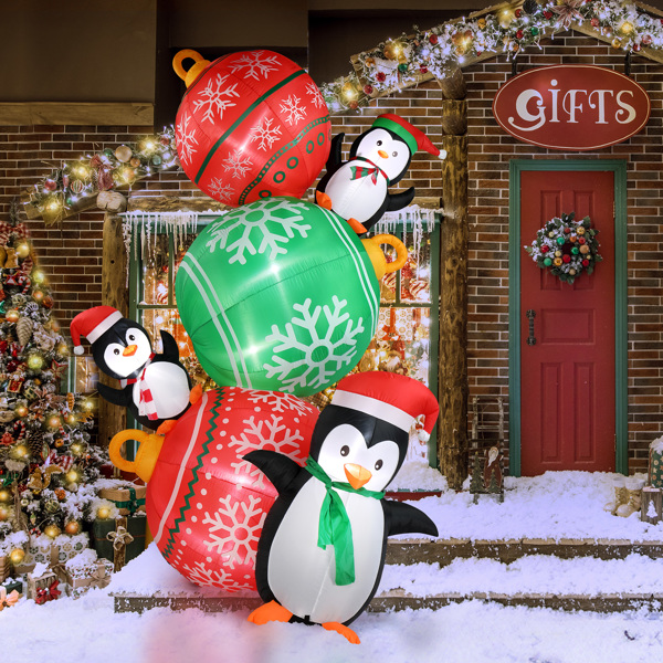 8.9 FT Lighted Christmas Inflatable Decoration, Inflatable Christmas Balls and Penguins, Funny Blow Up Yard Decorations with Built-in LED Lights for Holiday Party Front Yard Lawn Garden Decor