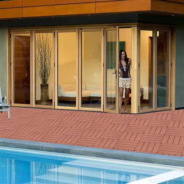 Plastic Interlocking Deck Tiles, 11.8"x11.8"(Pack of 44 ), Patio Flooring Outdoor Waterproof All Weather Use for Garden Poolside Front/Back Yard, Mahogany Colour