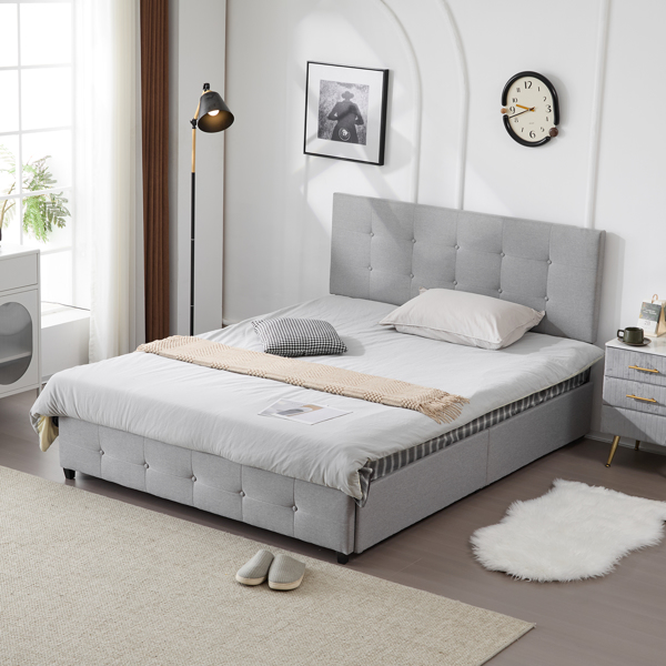 Upholstered Queen Platform Storage Bed Frame with 4 Drawers, Adjustable Headboard with Button Tufted Design, Wooden Slat Support, No Box Spring Needed, Light Grey