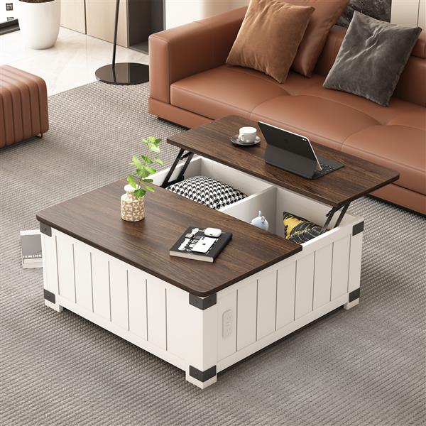 Farmhouse Lift Top Coffee Table with Storage, Wood Square Center Table with Charging Station&USB Ports, Living Room Central Table 4 grids Large Hidden Space, for Living Room, Bedroom, Home Office