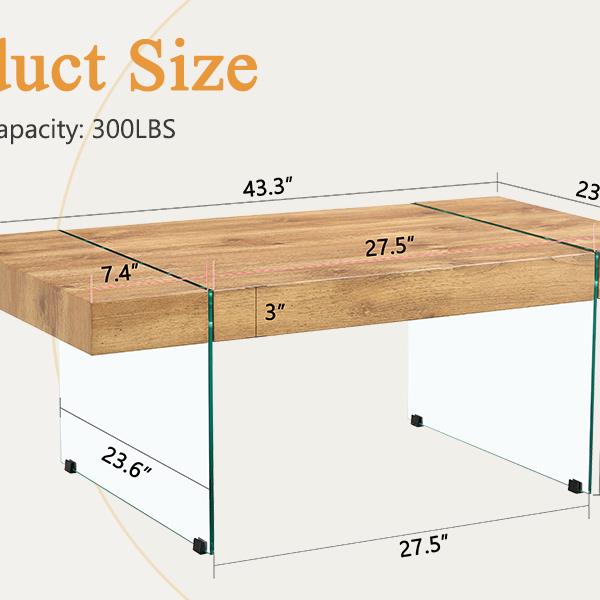 43.3"x23.6" Wood colored texture sticker MDF Coffee Table with Tempered glass legs.Suitable for Living Room.It can be used not only as a coffee table but also as a side table or display stand.