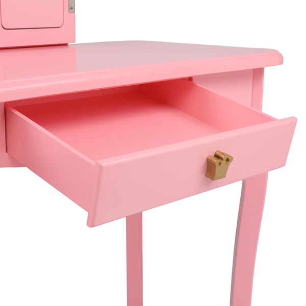 Children's Wooden Dressing Table Three-Sided Folding Mirror Dressing Table Chair Single Drawer Pink Crown Style