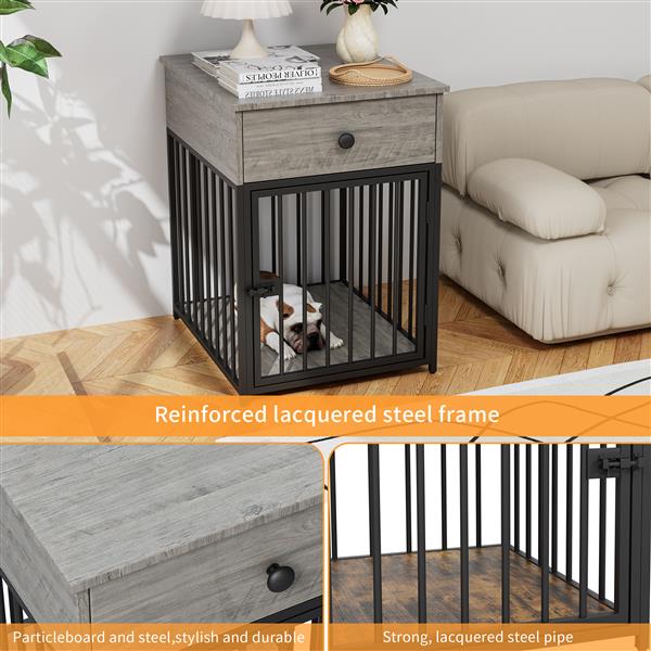 Dog Crate Furniture, Dog House, Decorative Dog Kennel with Drawer, Indoor Pet Crate End Table for Small Dog, Iron-Tube Dog Cage, Chew-Proof