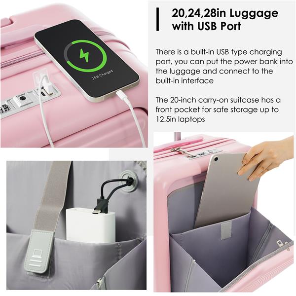 Luggage Set of 4 with USB Port, 20, 24inch with front opening design Airline Certified Carry on Luggage with Cup Holder, ABS Hard Shell Luggage with Expandable Travel Bag, pink