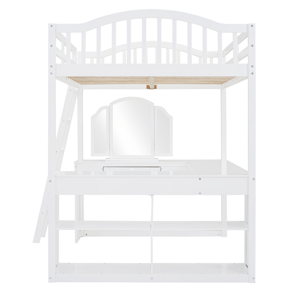 Full Wooden Loft Bed with U-shaped Desk,Storage Compartments and Tri-fold Mirror, White 