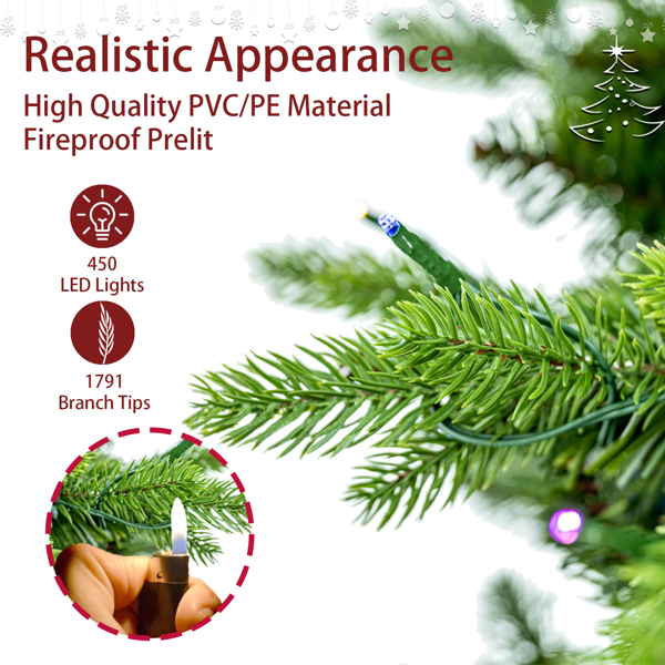 6.5ft Artificial Christmas Tree Prelit PE&PVC with Metal Stand,450 Bi-Colour LED Lights,1791 Branch Tips Green Everett Balsam Tree Easy Assembly for Indoor,Home 50 x 50 x 90 inches 