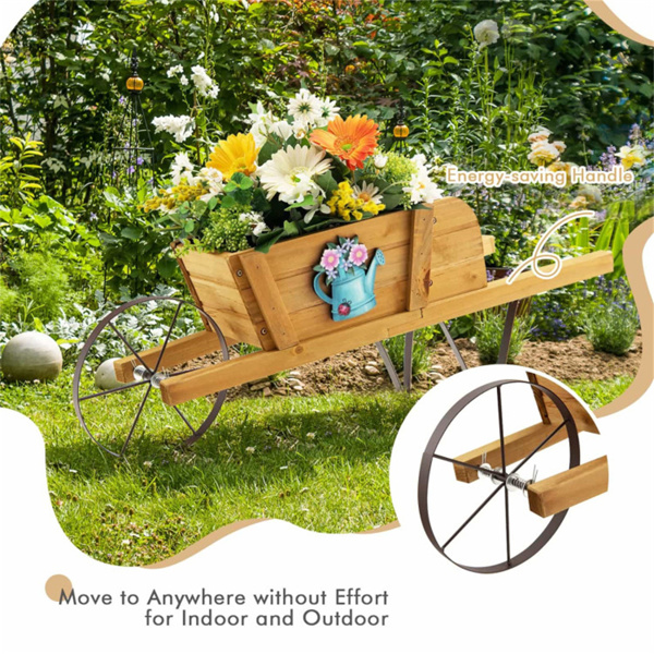 2 In 1 Wheelbarrow Planter，Wooden Wagon Planter with 9 Magnetic Accessories for Garden Yard