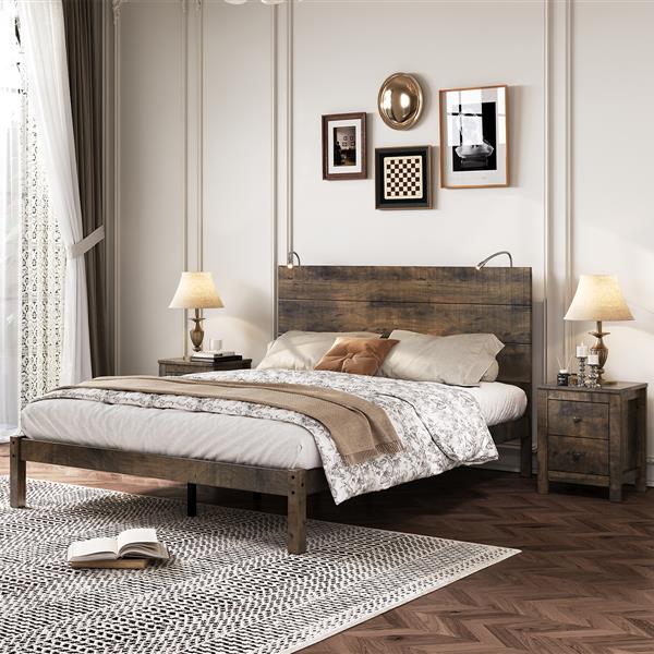 3-Pieces Bedroom Sets, Queen Size Farmhouse Platform Bed with Two Bedside Lights, 2-Drawer Nightstand, Antique Walnut