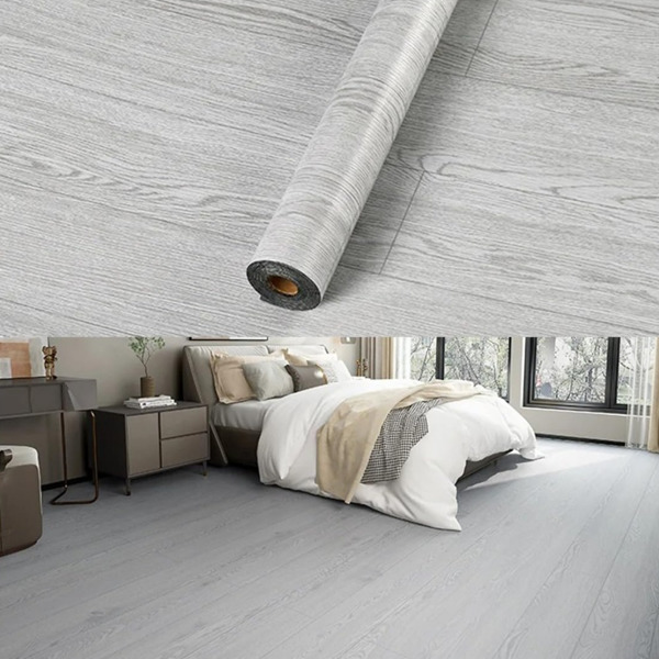 3D Retro Laminate Vinyl Flooring Roll, Peel and Stick Linoleum Wood Grain, Vinyl Plank Floor Tiles, Sticky Tiles for Bathroom, Kitchen, RV, Renter Friendly (Grey Oak,2FT*16.4FT)