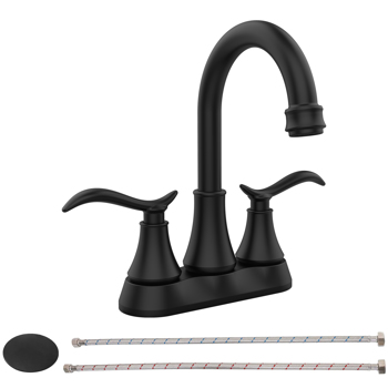 Bathroom Faucet Matt Black with Pop-up Drain & Supply Hoses 2-Handle 360 Degree c Swivel Spout Centerset 4 Inch Vanity Sink Faucet[Unable to ship on weekends, please note that]