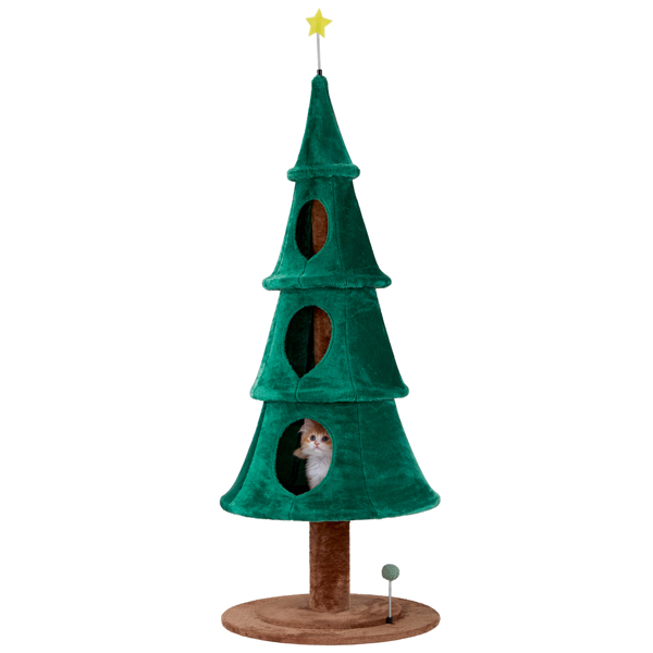 65in Large Tall Christmas Tree Cat Tower with 3 Cat Houses, Soft Fleece Cat Tree with  Teaser Toy & Sturdy Base & Built-in Openings for Indoor Cats