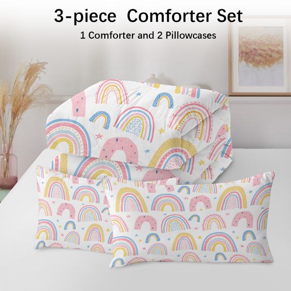 Rainbow Pattern Comforter Set for Women Pink and Yellow Rainbow Star Comforter 3 Piece with 2 Pillow Shams(1 Comforter and 2 Pillow Shams) Full Size