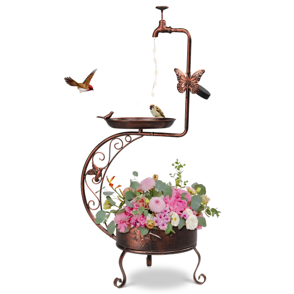 36 inch Bird Baths for Outdoors, Vintage Metal Garden Bird Bath with Solar Lamp and Flower Planter Pedestal Standing Bird Feeder, Bronze