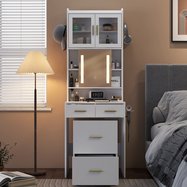 Small Vanity Desk with Sliding Mirror and LED Lights, Makeup Table with Charging Station and Storage Shelves for Small Space, Compact Mini Corner Vanity Set with Hidden Storage Stool for Bedroom