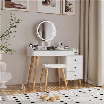 Dressing Table with LED Lights Glass Top Dressing Table with Extendable Side Table 5 Drawers Dressing Table with Mirror and Stool for Bedroom