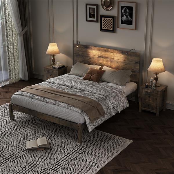 3-Pieces Bedroom Sets, Queen Size Farmhouse Platform Bed with Two Bedside Lights, 2-Drawer Nightstand, Antique Walnut