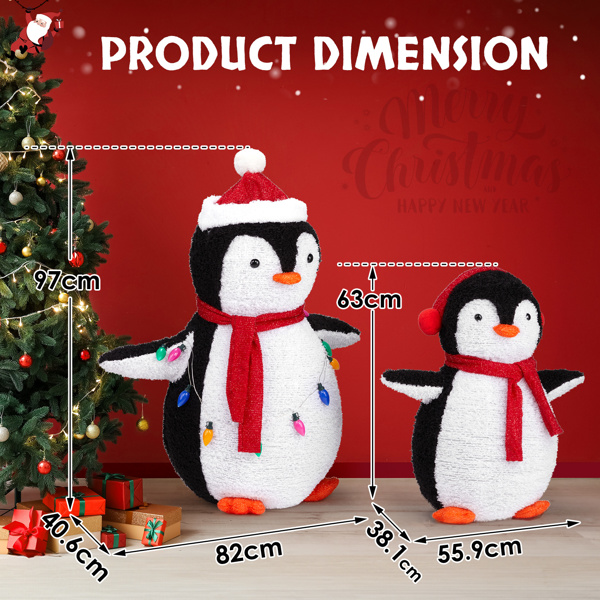 2-Piece Lighted Plush Penguins Christmas Yard Decorations, Set of 2 Pre-lit Pull Up Penguins with 150 Warm White LEDs, Multi-color Light String and Stakes for Xmas Outdoor Holiday Indoor Decor