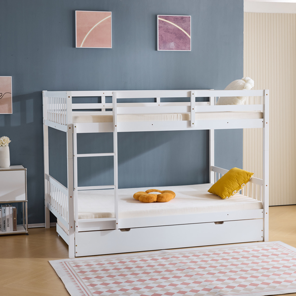 Full Size Bunk Bed with Trundle Bed, with Ladder and Safety Rails Pinewood Bunk Bed White