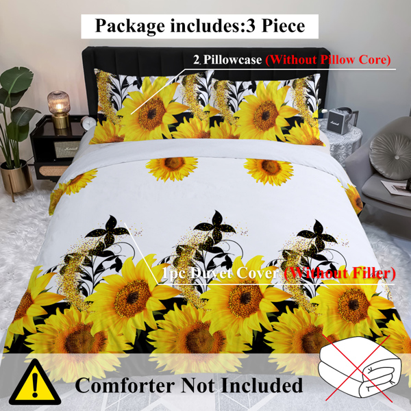 3 Pieces Black And White Background Sunflower Duvet Cover Set Yellow Flower Polyester Bedding Set For Adults Bedroom Decor King Size