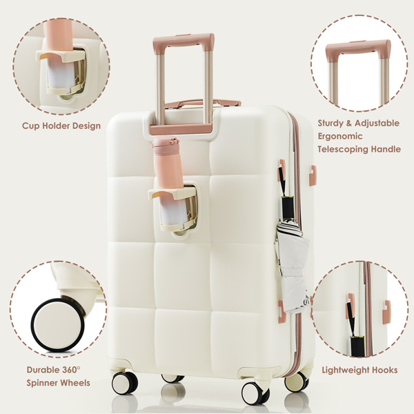 Luggage Sets 3 Piece, 20-inch with USB Port and front opening design,  ABS Hard Shell Luggage with Spinner Wheels, Cup Holder, white