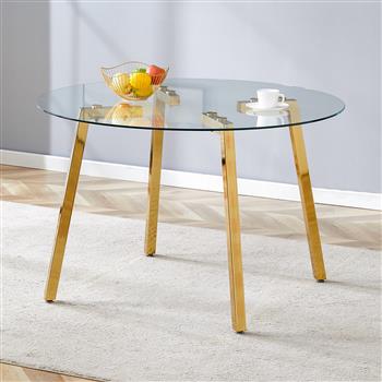 Modern Luxurious Round Tempered Glass Dining Table with Gold 7-Shaped Metal Legs,suitable for family meals, office conferences, or as a casual coffee table for various occasions.47.3*47.3*29.5