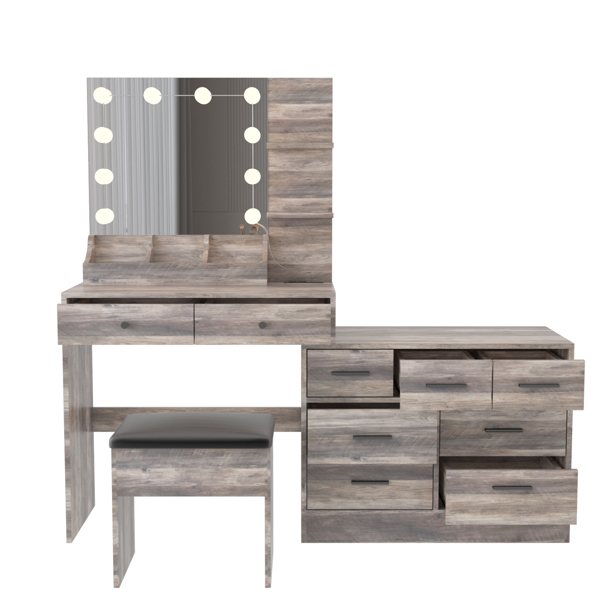 Large Makeup Vanity with Lights, Vanity Table with Charging Station, Vanity Desk with Mirror and 10 LED Light Bulbs, Makeup Table with Tabletop Compartments, Drawers and Storage Shelves, Gray