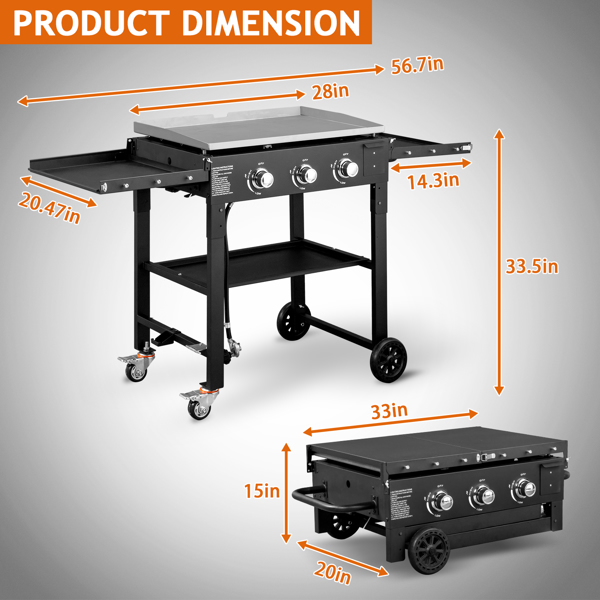 Foldable 3-Burner Flat Top Gas Griddle Cooking Station, Propane Fuelled Griddle Station with Side Shelves for Outdoor Barbecue Backyard Cookout