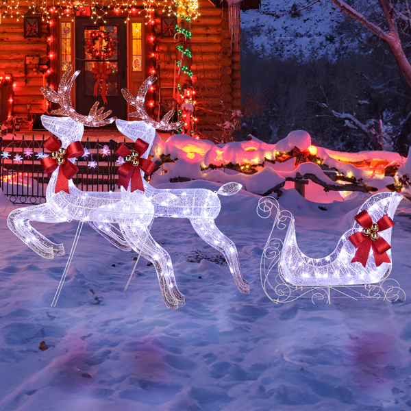 3-Piece Lighted Set of 2 Reindeer & Sleigh, Weather Proof Christmas Outdoor Decorations with Pre-lit 270 LED White Lights and Stakes for Xmas Outdoor Holiday Indoor Decor Lighted Holiday Displays