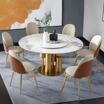 Modern Marble Dining Table with Removable Turntable, 59\\" Round Sintered Stone Table with Stainless Steel Base, 7-Piece Dining Table Set for Dining Room, Kitchen, Dinette, Compact Space (LTL item)