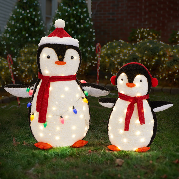 2-Piece Lighted Plush Penguins Christmas Yard Decorations, Set of 2 Pre-lit Pull Up Penguins with 150 Warm White LEDs, Multi-color Light String and Stakes for Xmas Outdoor Holiday Indoor Decor