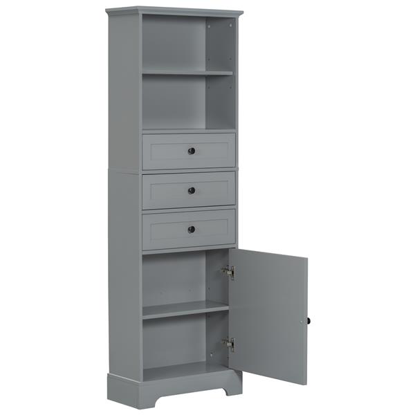 Gray Tall Storage Cabinet with 3 Drawers and Adjustable Shelves for Bathroom, Study, Office and Interior, MDF Board with Painted Finish