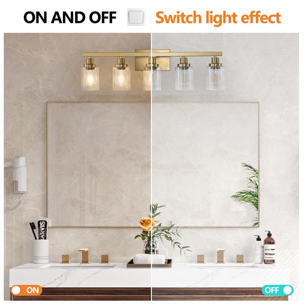 Golden 5-Light Vanity Light with Clear Glass Shades, Modern Iron Metal Bathroom Wall Fixture for Mirror, Ideal for Bathroom and Dressing Table (No Bulbs)