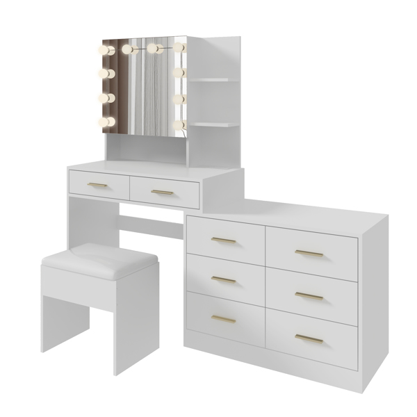 Large Makeup Vanity with Lights, Vanity Table with Charging Station, Vanity Desk with Mirror and 10 LED Light Bulbs, Makeup Table with Drawers and Storage Shelves, White