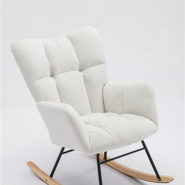 Mid Century Modern Velvet Tufted Upholstered Rocking Chair Padded Seat for Living Room Bedroom, White