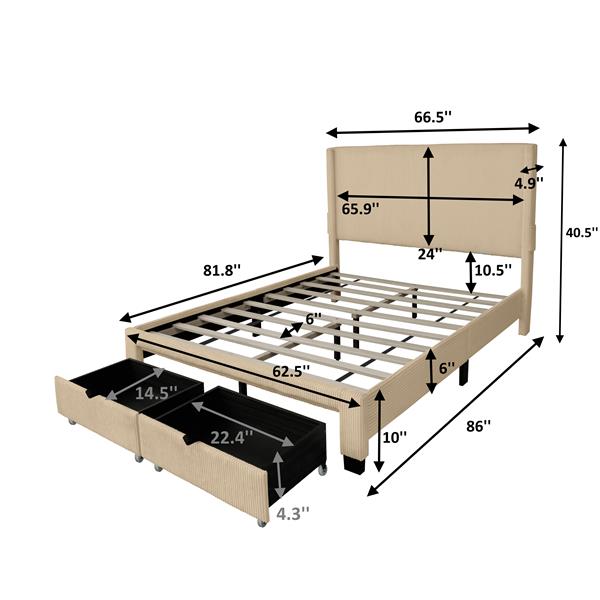 BEIGE QUEEN SIZE BED IN CORDUROY WITH WING DESIGN, PERFECT FOR ANY DECOR. TWO DRAWERS PROVIDE AMPLE STORAGE; IDEAL FOR BEDROOM COMFORT! NO BOX SPRING NEEDED; MATTRESS NOT INCLUDED.