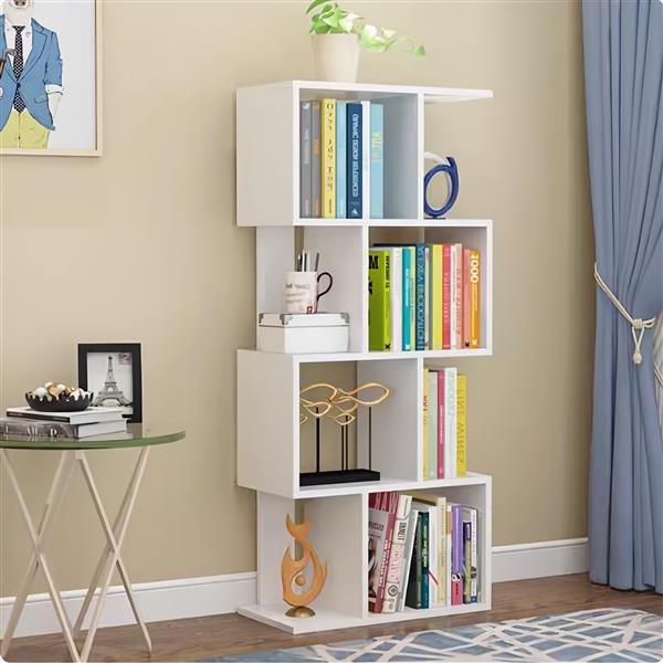 4 Tier Storage Shelf S Shaped Bookcase, Multifunctional Wooden Display Decor Furniture, Free Standing Industrial Storage Rack for Living Room Bedroom Office, Modern 4 Shelf Bookcase (1 White)