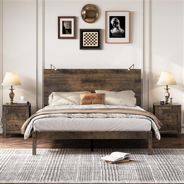 3-Pieces Bedroom Sets, Queen Size Farmhouse Platform Bed with Two Bedside Lights, 2-Drawer Nightstand, Antique Walnut