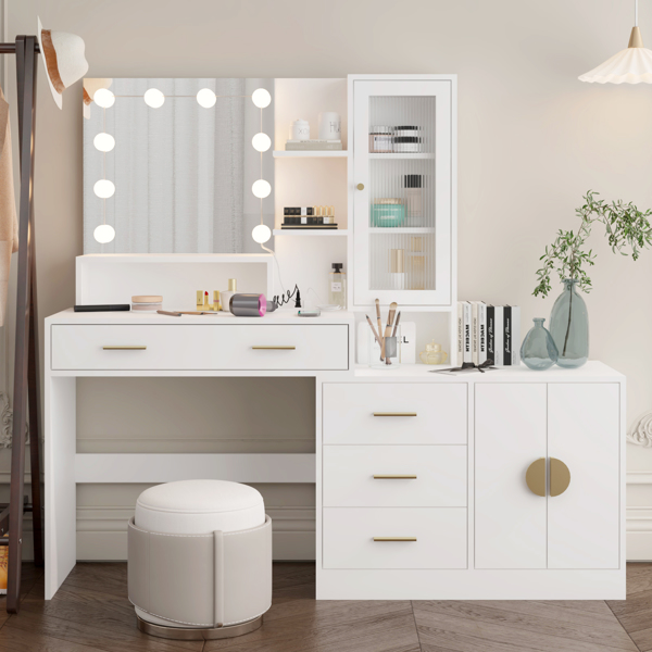 Large Makeup Vanity with Lights, Vanity Table with Charging Station, Vanity Desk with Mirror and 10 LED Light Bulbs, Makeup Table with Drawers and Storage Shelves and Cabinets, White