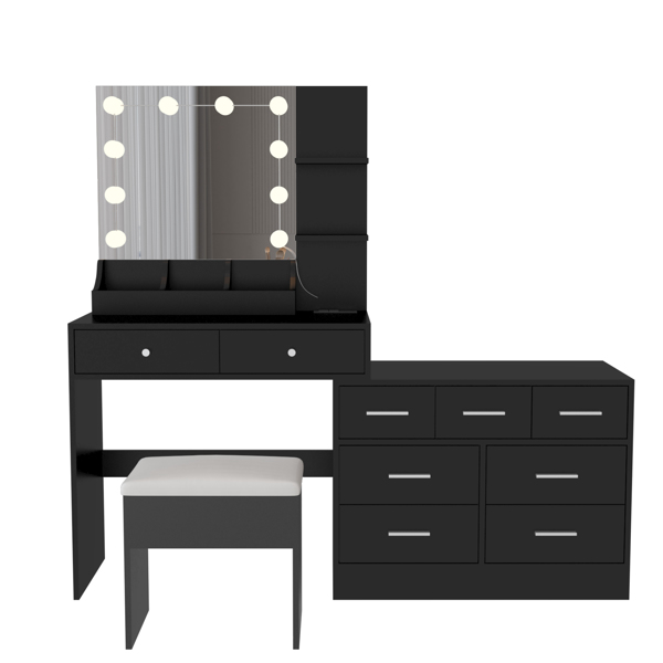 Large Makeup Vanity with Lights, Vanity Table with Charging Station, Vanity Desk with Mirror and 10 LED Light Bulbs, Makeup Table with Tabletop Compartments, Drawers and Storage Shelves, Black