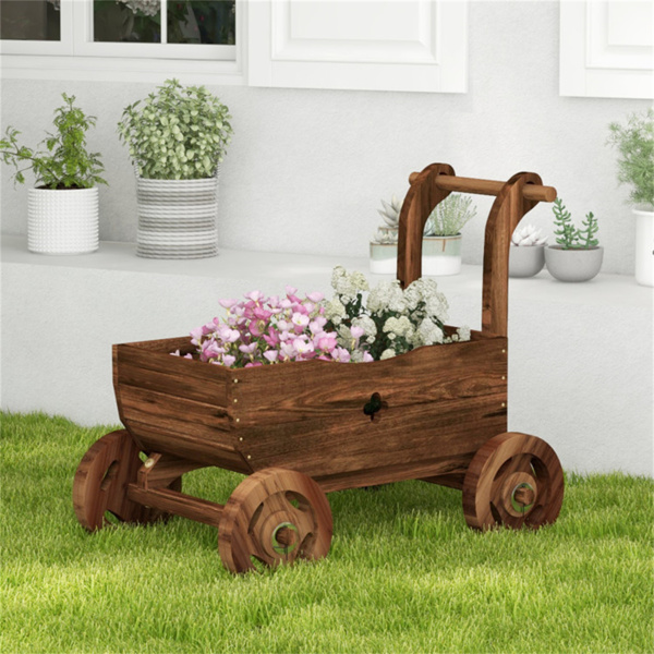 27" Decorative Wooden Wagon Cart with Handle Wheels 