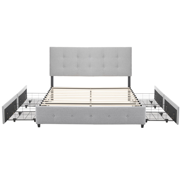 Upholstered Queen Platform Storage Bed Frame with 4 Drawers, Adjustable Headboard with Button Tufted Design, Wooden Slat Support, No Box Spring Needed, Light Grey