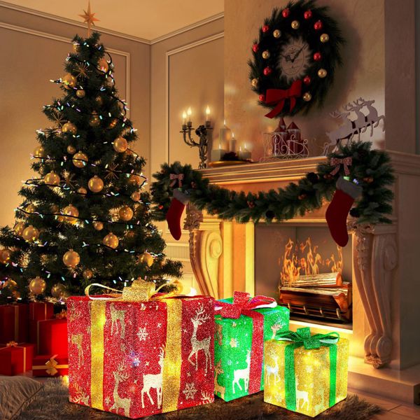 Set of 3 Christmas Lighted Gift Boxes Xmas Present Ornament 50 LED Christmas Box Decorations with Ribbon Bows IP44 Waterproof Battery Powered for Indoor Outdoor Decor