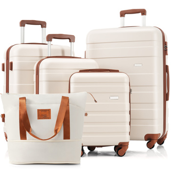 5-Piece Luggage Set with Expandable Travel Bag - Includes 16\\", 20\\", 24\\", 28\\" Suitcases with 360° Spinner Wheels and Adjustable Telescopic Handles, ivory and brown